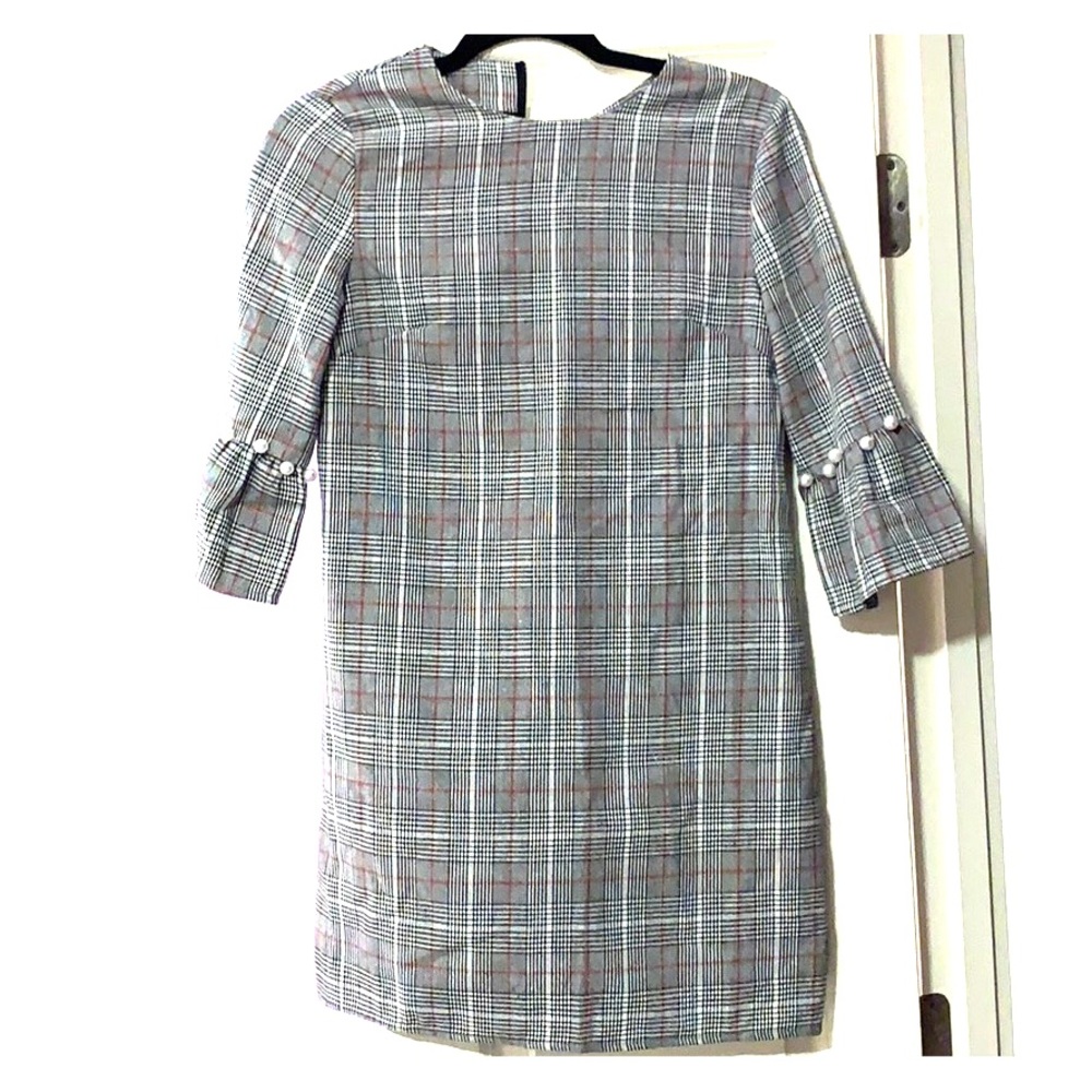 Plaid Shift Dress Pearl detailed sleeves